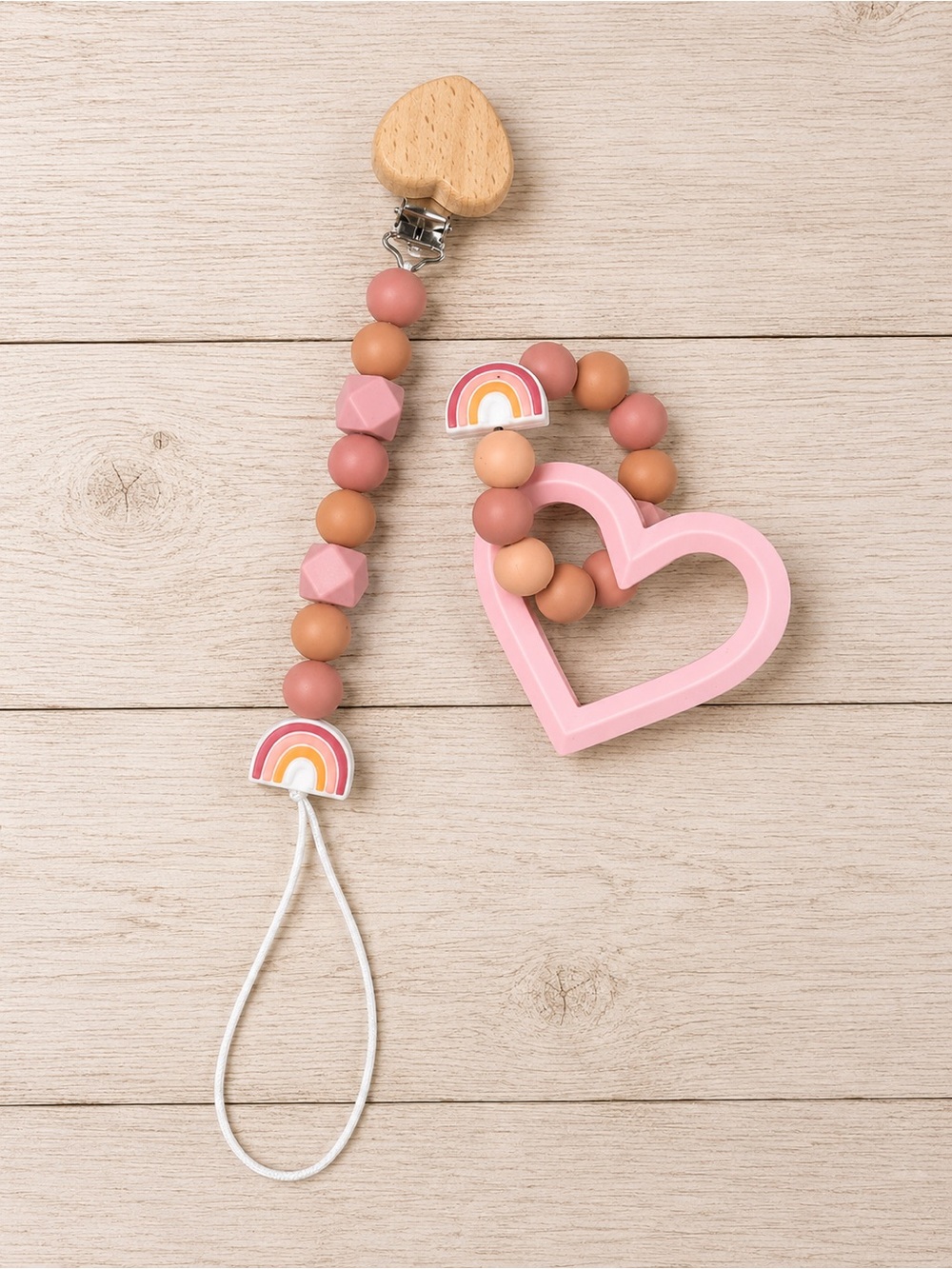 Pink Heart Silicone Teether with Matching Beaded Pacifier Clip